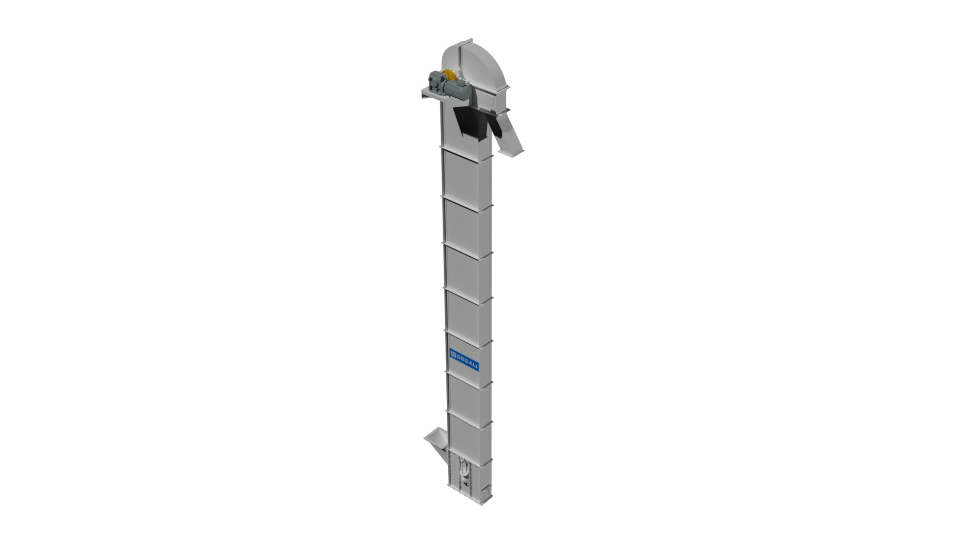 Renderização do elevador de canecos, com coluna vertical e pontos de alimentação e descarga.