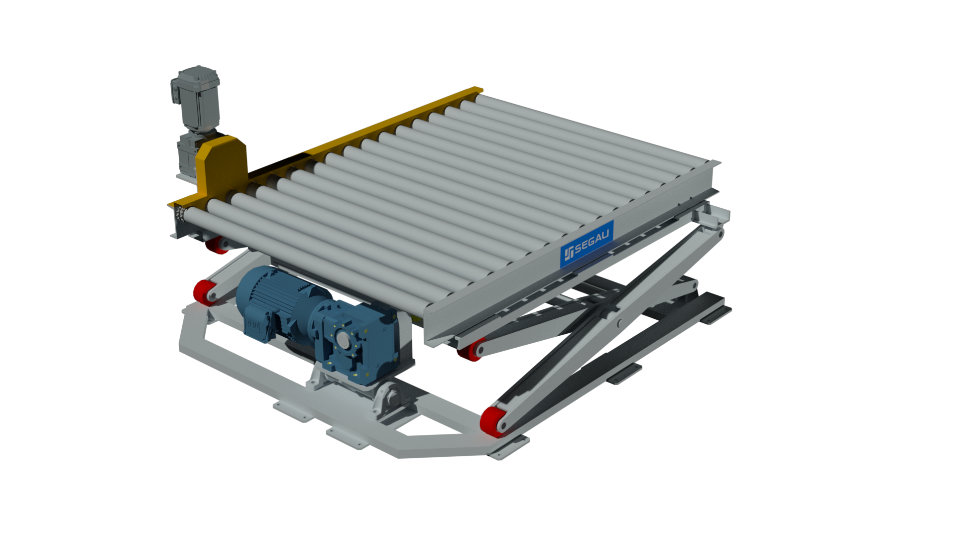 Renderização do elevador pantográfico Segau, com plataforma de rolos e mecanismo articulado de elevação.