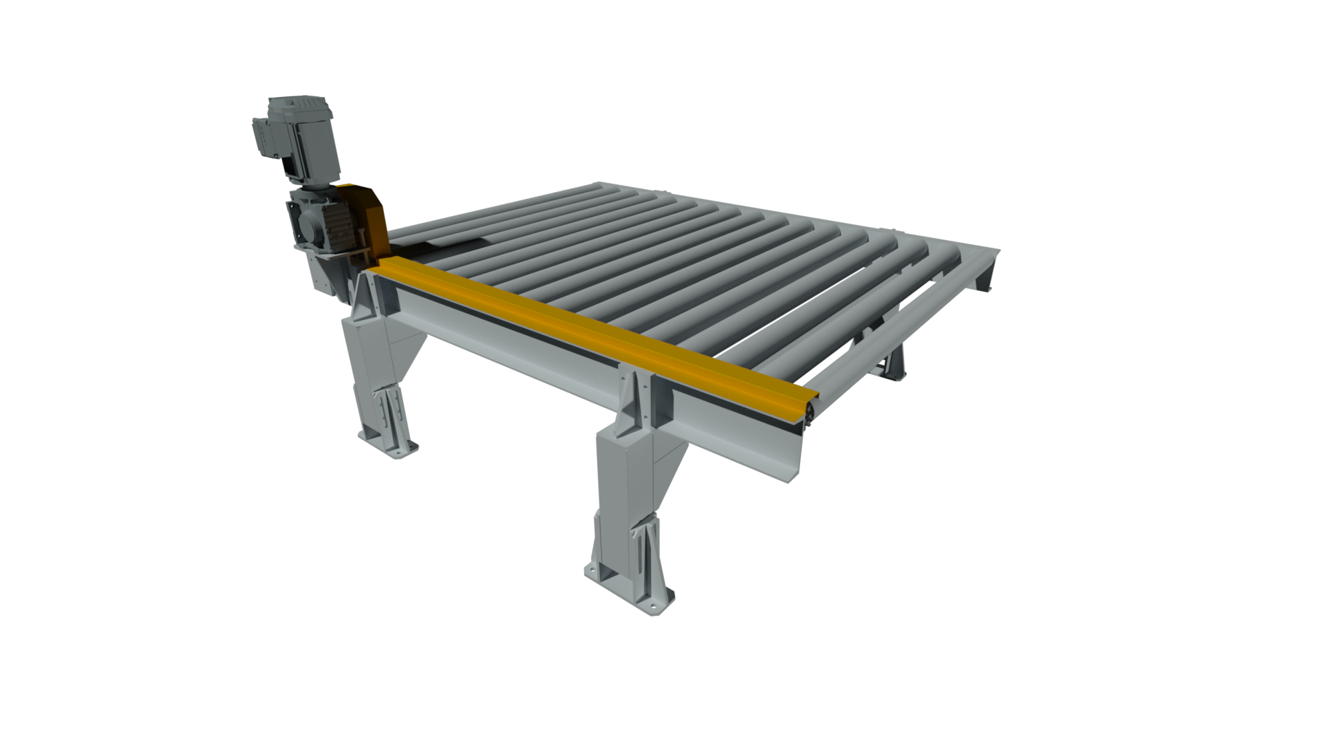 Renderização da esteira de rolos, com estrutura metálica e motoredutor lateral.
