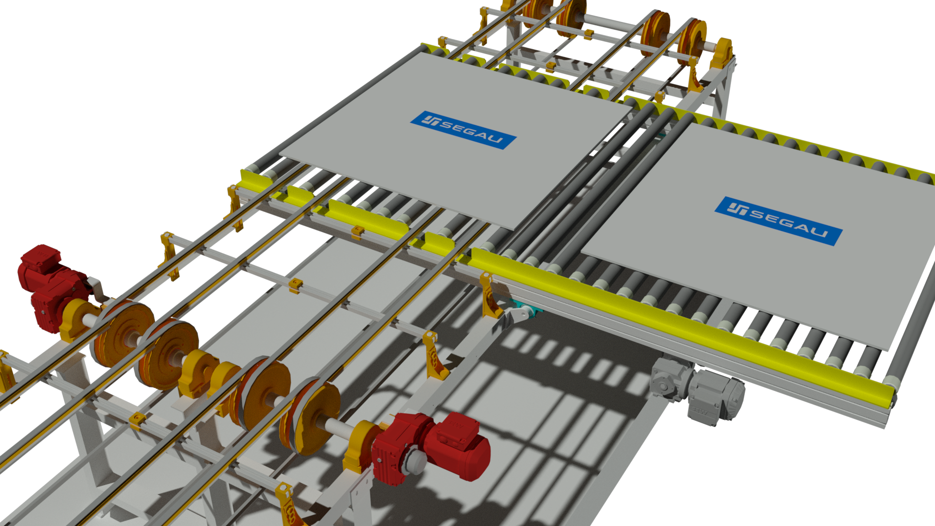 Renderização do expulsor de peças, com placas cerâmicas apoiadas na transição entre correias e rolos.