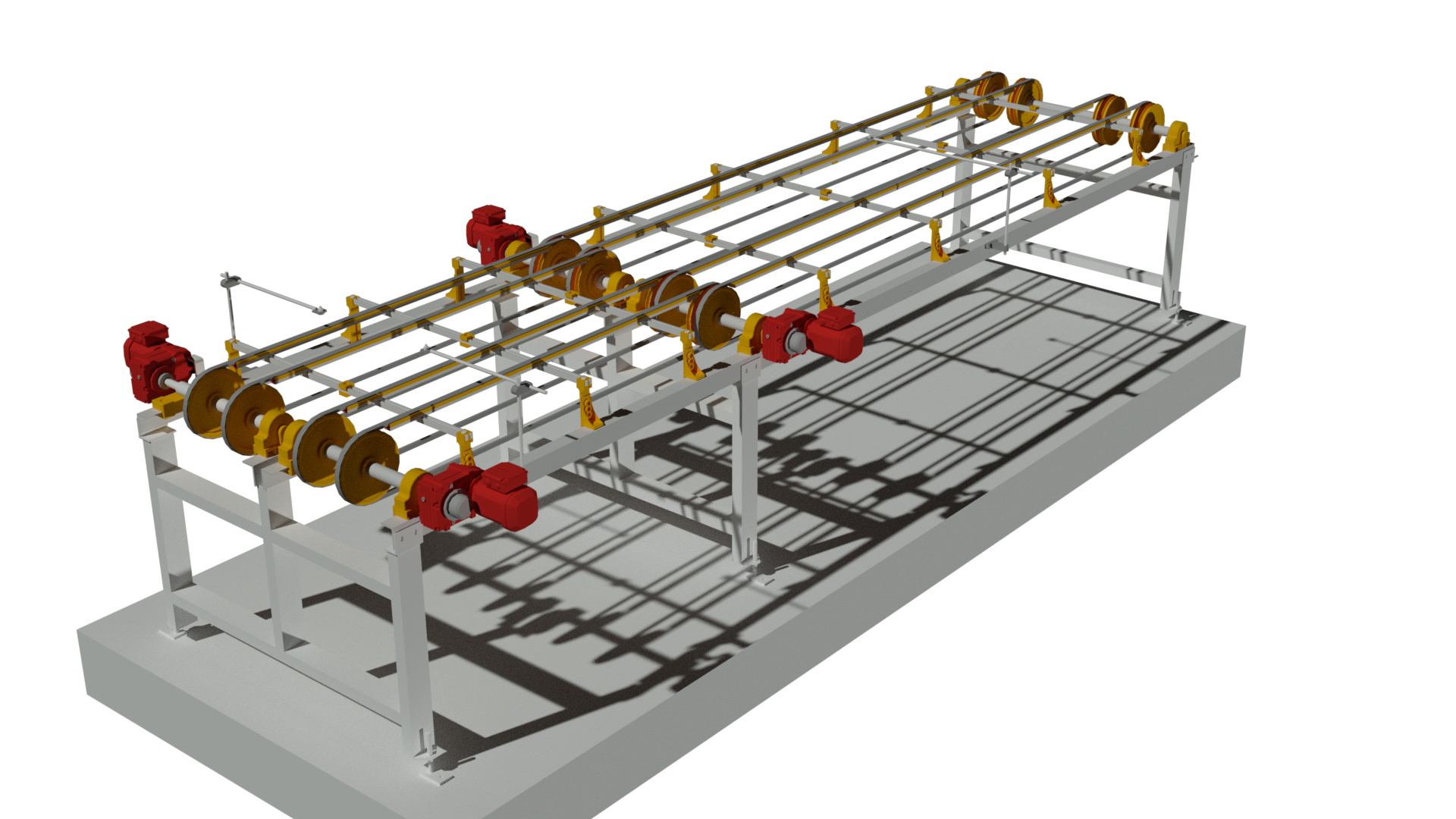 Renderização do girador plano com controle eletrônico, com correias de transporte e acionamentos distribuídos.
