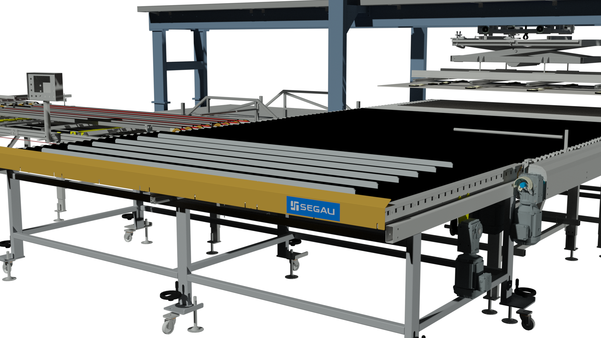 Renderização da mesa de controle de planaridade, com estrutura de apoio e transporte de placas cerâmicas.