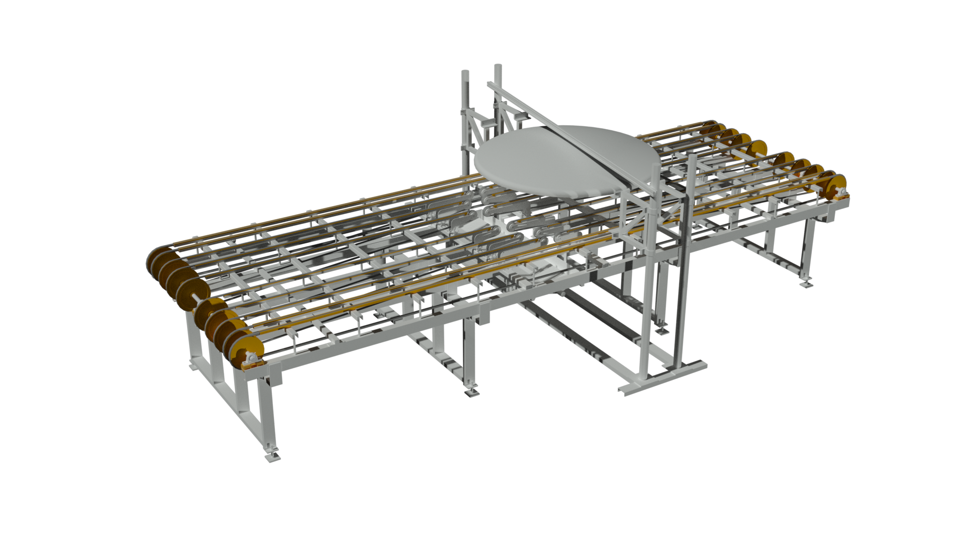 Renderização do conjunto de véu interrompido, com campana de esmaltação sobre a linha de transporte.