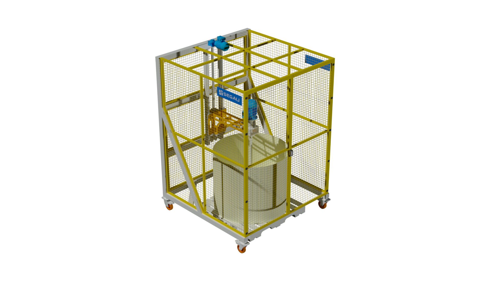 Renderização do agitador móvel de esmalte Segau, com tanque de mistura, estrutura sobre rodas e proteções amarelas.