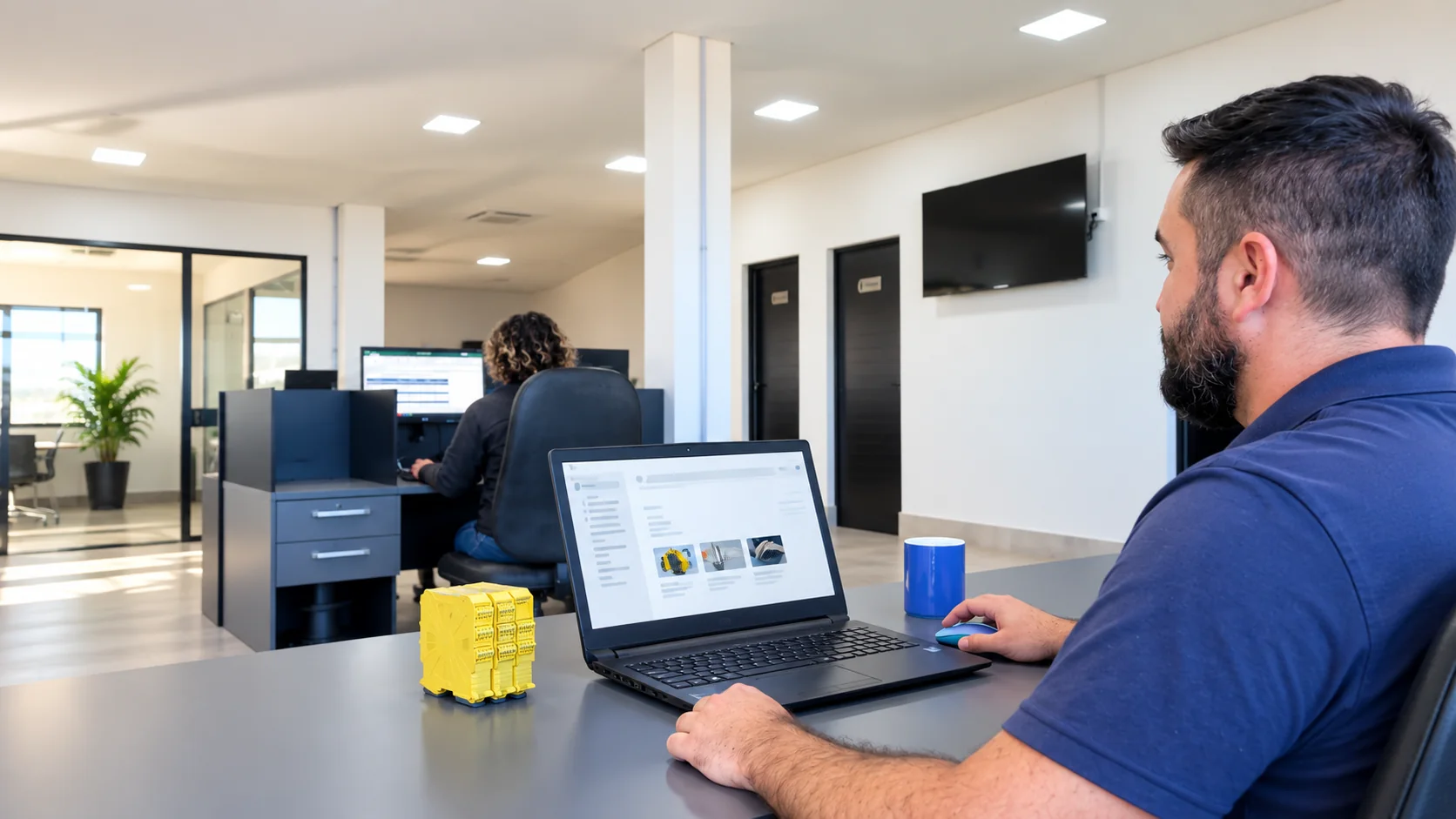 Profissional diante de um notebook em um escritório, com componentes industriais sobre a mesa.